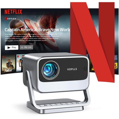 [Netflix Officially & Auto Focus] VOPLLS 4K Projector with WiFi and Bluetooth, 3D Stereo Sound & Auto Keystone Video Projector, 1200ANSI Outdoor Movie Projector, 50% Zoom, MAX 300''Display (Grey)