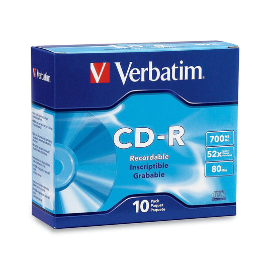 Verbatim CD-R Blank Discs 700MB 80-Minutes 52X Recordable Disc for Data and Music - 10 Pack Slim Cases