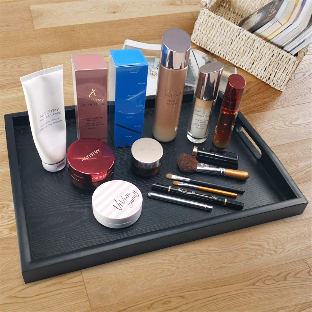 DILLMAN Serving Tray Large Black Wood Rectangle Food Tray Butler Tray Breakfast Tray with Handles (Medium)