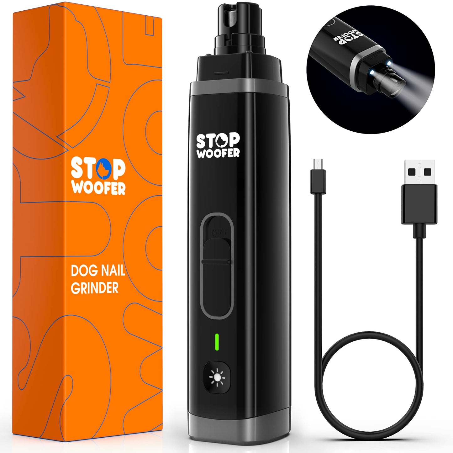 STOPWOOFER Dog Nail Grinder with 2 LED Light for Small Medium Large Dogs - New Version 2-Speed Powerful Electric Pet Nail Trimmer Quiet Painless Paws Grooming - Rechargeable Pet Nail Grinder for Dogs