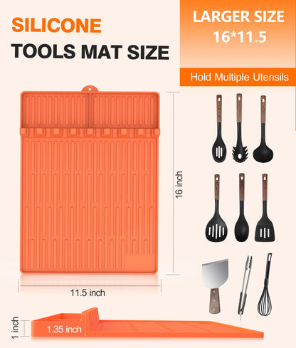 Silicone Griddle Tools Mat for Blackstone - Large Silicone Spatula Mat with Drip Pad - Griddle Mats BBQ Grill Accessories - Side Shelf Mats Grill Pad for Blackstone Griddles Accessories (Orange)