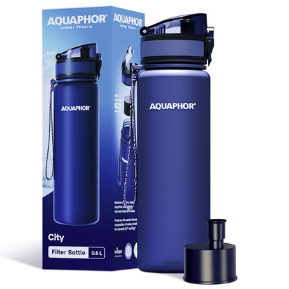 AQUAPHOR City Filtered Water Bottle in Tritan BPA-free - Portable with Integrated Water Purifying Filter 500 ml - Navy