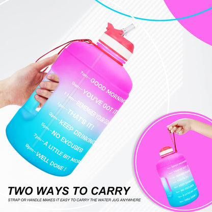 QuiFit Motivational Gallon Water Bottle - with Straw & Time Marker BPA Free Large Reusable Sport Water Jug with Handle for Fitness Outdoor Enthusiasts Leak-Proof (Pink/Blue,1 gallon)