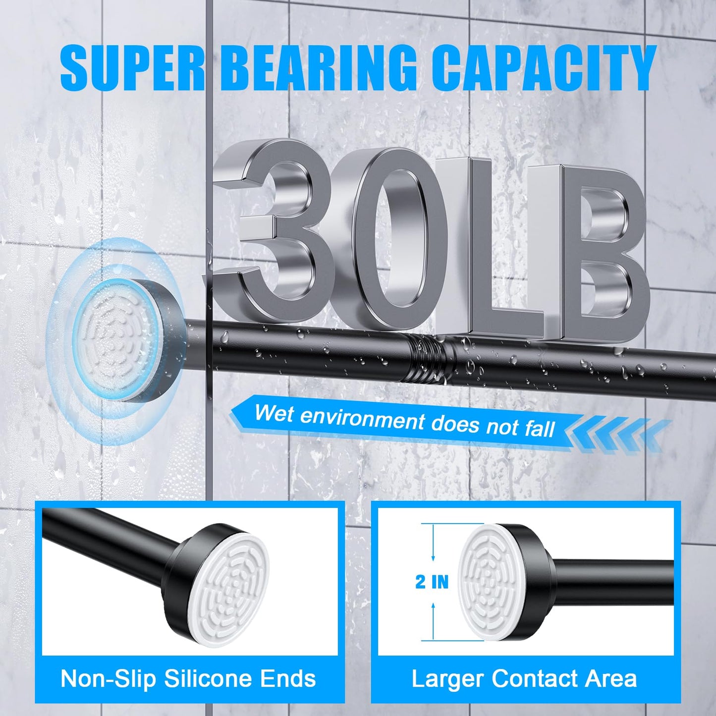 TEECK Shower Curtain Rod, 27-76 inch Adjustable Spring Tension Curtain Rod, Never Rust Anti-Slip Shower Curtain Rod for Bathroom, No Drilling, Never Collapse, Easy to Use, Black