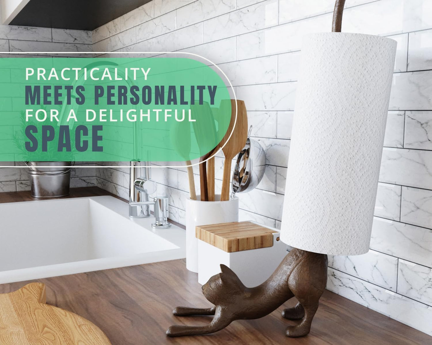 Yoga Cat Decorative Paper Towel Holder or Toilet Paper Holder - Adorable Downward Dog Pose Kitty - Cast Iron Paper Towel Stand - Antiqued Cast Iron Storage - Multiple uses - 19” Tall