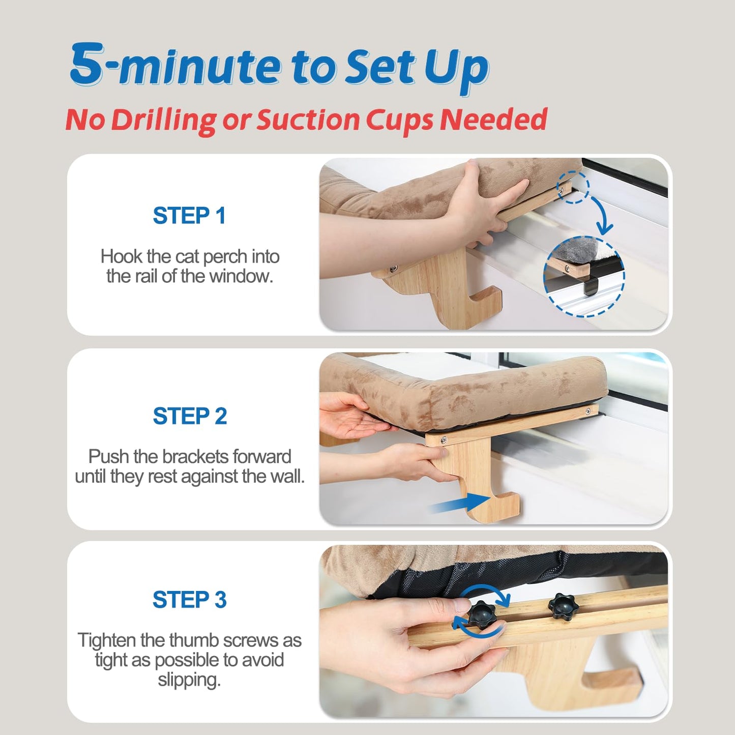 Zakkart Cat Perch for Window Sill with Bolster - Orthopedic Hammock Design with Premium Hardwood & Robust Metal Frame - Cat Window Seat for Large Cats and Kittens - Natural Color Wood with Gray Bed