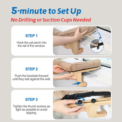 Zakkart Cat Perch for Window Sill with Bolster - Orthopedic Hammock Design with Premium Hardwood & Robust Metal Frame - Cat Window Seat for Large Cats and Kittens - Natural Color Wood with Gray Bed