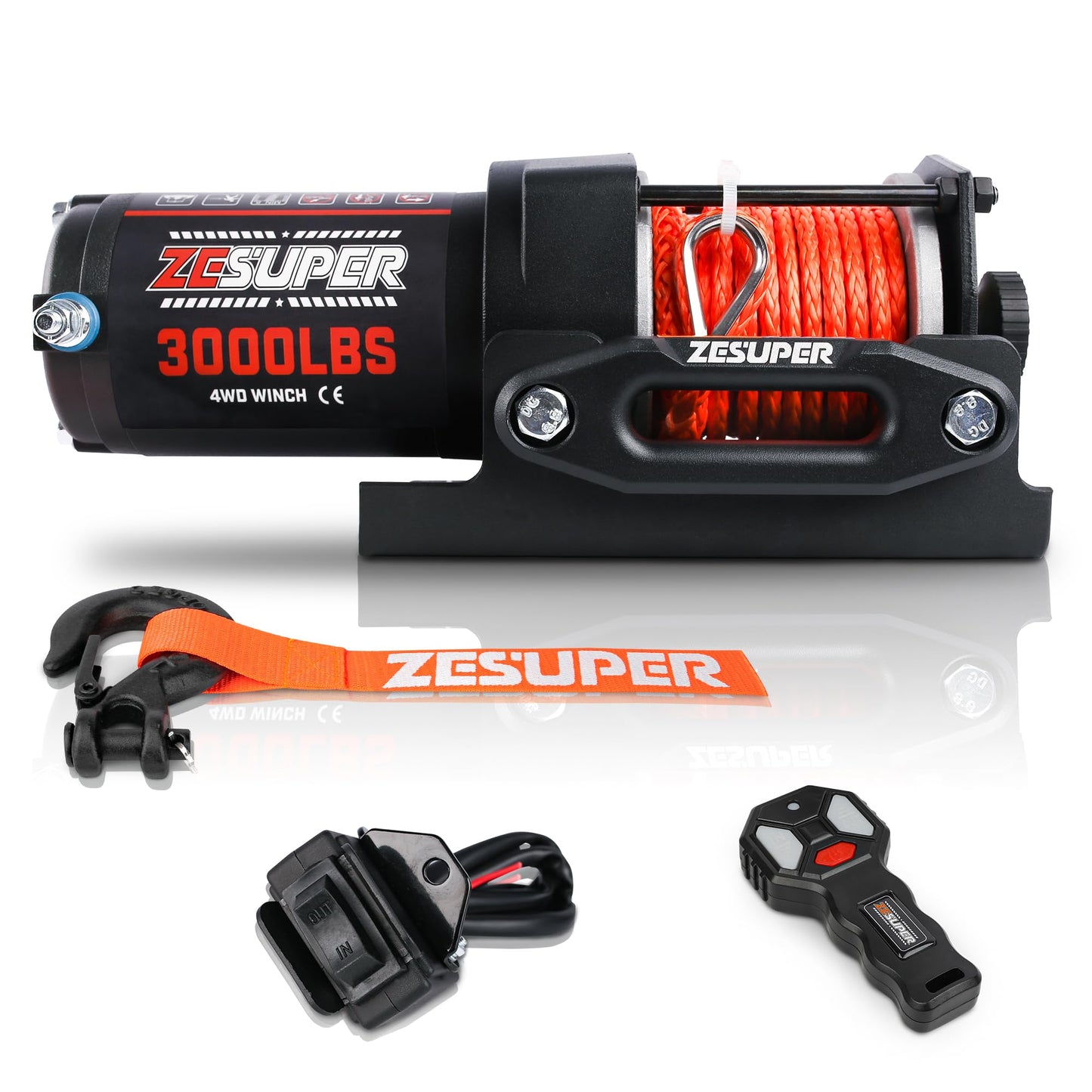 ZESUPER 3000 lb Electric Winch for ATV UTV Trailer Boat Synthetic Rope Winch 12V DC Off Road Towing Winches with Wireless Remote Mounting Bracket