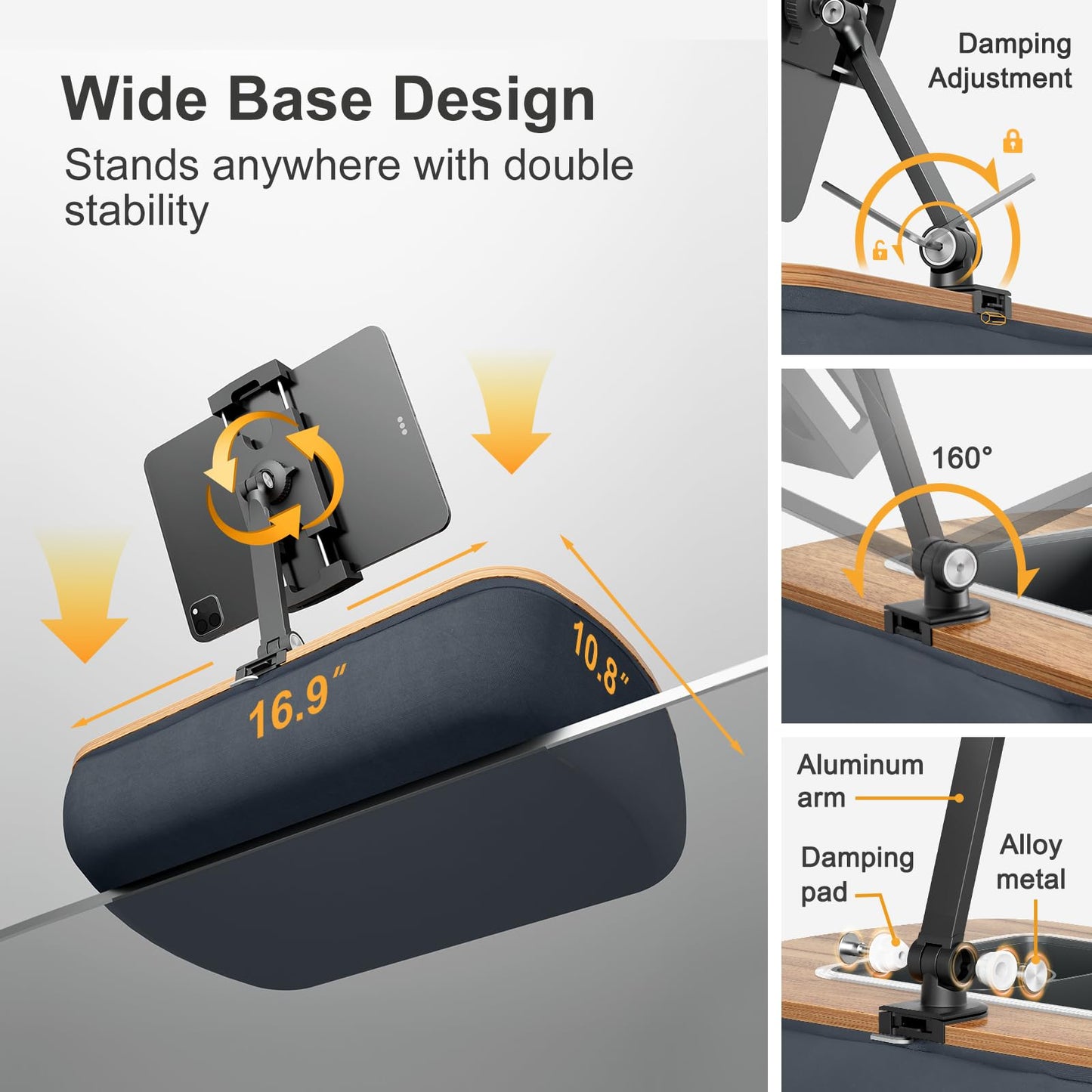 ERGONOV Lap Beanbag Tablet Pillow Stand,Adjustable iPad Holder with Snack Bowl,360° Rotating Clip for 4.7-13" Kindle,Phone,Tablet.Ideal for Hands-Free Reading and Relaxation on Bed,Couch,Recliner,Gray