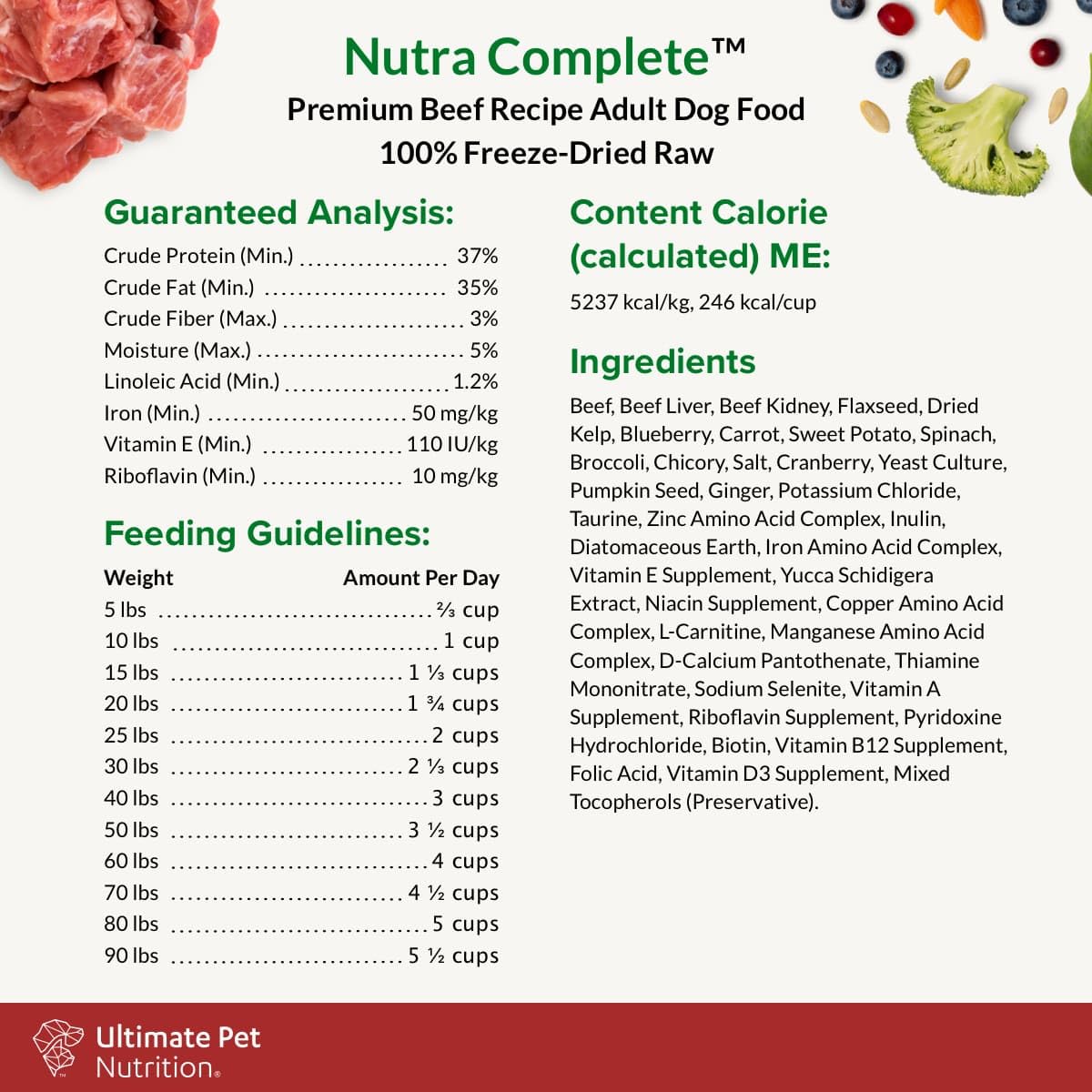 ULTIMATE PET NUTRITION Nutra Complete, 100% Freeze Dried Raw Veterinarian Formulated Dog Food with Antioxidants Prebiotics and Amino Acids (1 Pound, Beef)