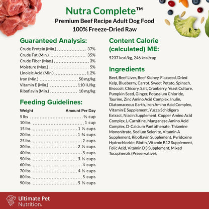 ULTIMATE PET NUTRITION Nutra Complete, 100% Freeze Dried Raw Veterinarian Formulated Dog Food with Antioxidants Prebiotics and Amino Acids (1 Pound, Beef)