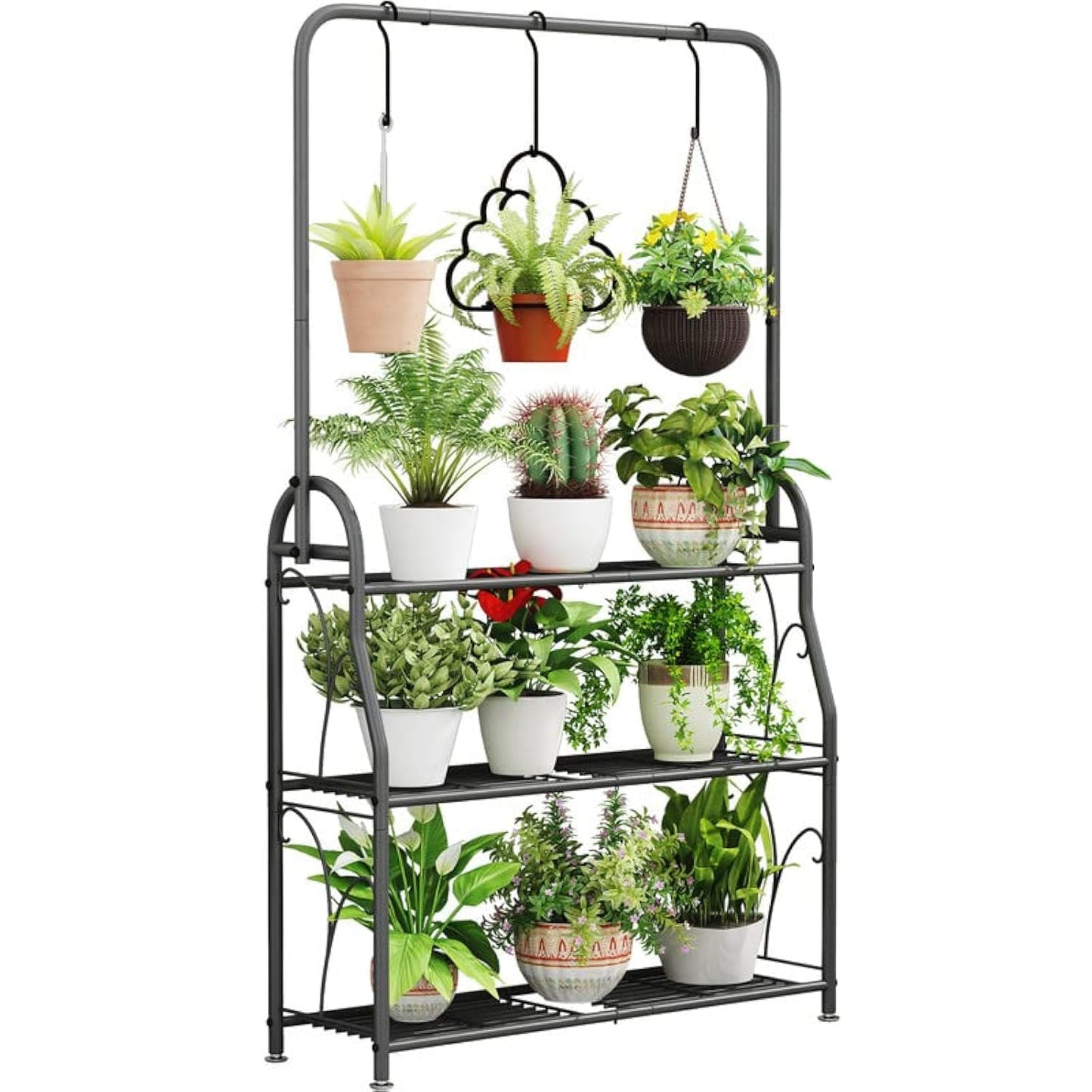 SORCEDAS Plant Stand Indoor Outdoor 3 Tier Tall Corner Hanging Plant Shelf Metal Flower Stands Ladder Plant Holder for Living Room Balcony Garden Patio Multiple Plants, Dark Grey