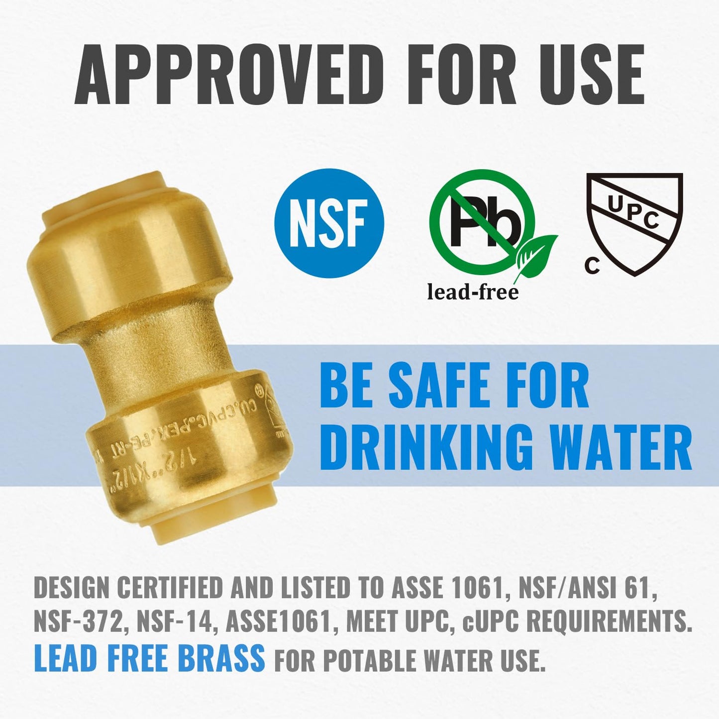 SUNGATOR 1/2 Inch Coupling, Push Pex Fittings 1/2 Inch, 1/2" Straight Coupling, No Lead Brass Push-to-Connect Fittings for Pex Pipe, Copper, CPVC, with 1 Disconnect Clip, Pack of 12