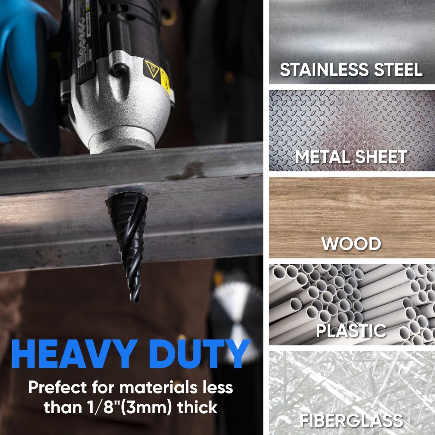 toolant Four Spiral Flute Cobalt Step Drill Bit(Pro), 3/16" - 7/8"(12 Step Size) Impact Ready Unibit Step Drill Bit, 1/4" Hex Shank Step Bit for Metal, Stainless Steel, Aluminum, Plastic