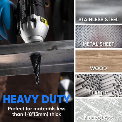 toolant Four Spiral Flute Cobalt Step Drill Bit(Pro), 3/16" - 7/8"(12 Step Size) Impact Ready Unibit Step Drill Bit, 1/4" Hex Shank Step Bit for Metal, Stainless Steel, Aluminum, Plastic