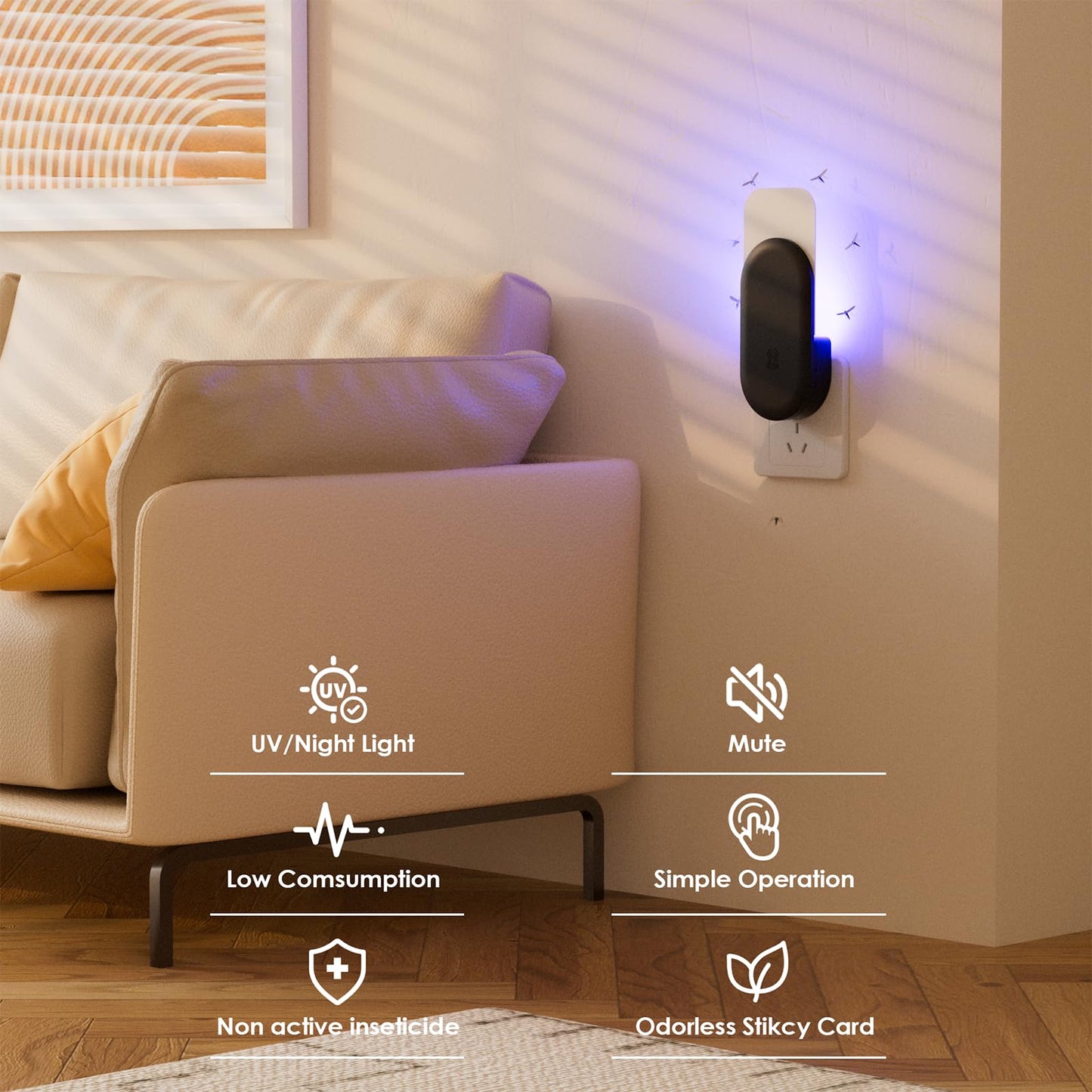 Flying Insect Trap, 2 in 1 Indoor Plug-in Fruit Fly Trap, 1 Trap Black and 6Glue Cards, Fruit Fly Traps for Gnat, Moth, Mosquito, Suitable for Every Part of The Home