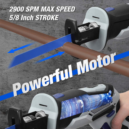 WORKPRO 12V Cordless Reciprocating Saw with Clamping Jaw, 2.0Ah Li-Ion Battery with 1 Hour Fast Charger, Variable Speed and Tool-Free Blade Change, 3 Saw Blades for Wood & Metal Cutting