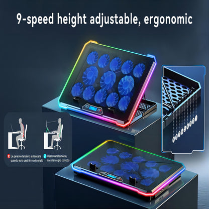 Gaming Laptop Cooler with 13 Ultra Quiet Fans, LCD Screen and Multi Color RGB - 10 Lighting Modes, 9 Adjustable Heights, Dual USB Ports, Built in Phone Holder for 15 to 21 Inch Laptops on Desk or Lap