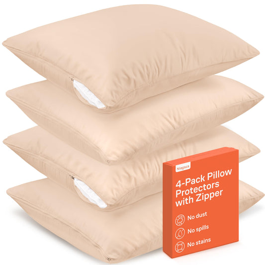 Ultra Soft Pillow Protectors with Zipper Standard Size - Set of 4 Breathable Pillow Covers - 100% Protection Against Stains, Dust & Dirt - Machine Washable (Beige)