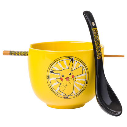 Silver Buffalo Pokemon Pikachu Electric Ceramic Ramen Noodle Rice Bowl with Chopsticks and Spoon, Microwave Safe, 20 Ounces