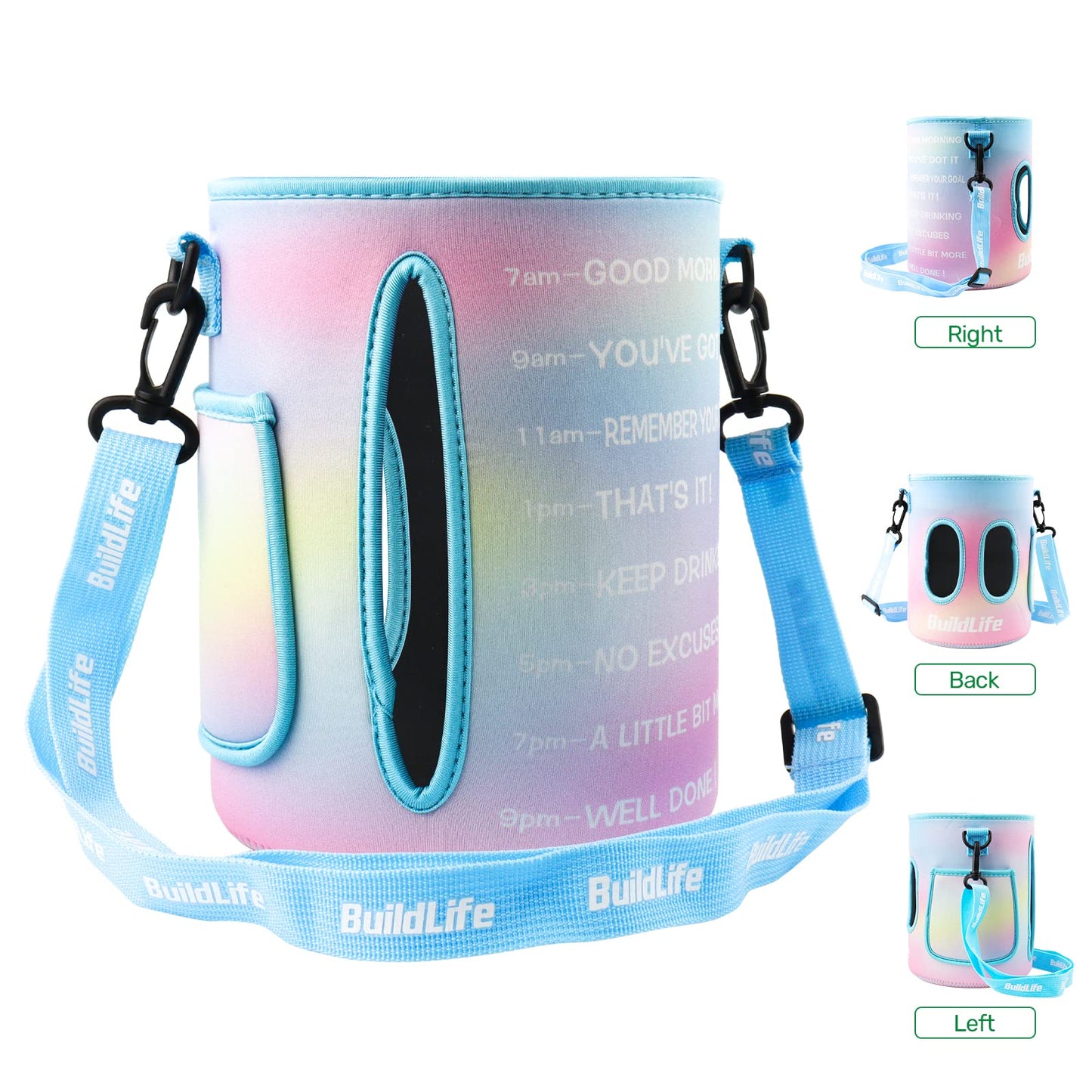 QuiFit 1 Gallon Water Bottle - with Straw & Motivational Time Marker Leak-Proof BPA Free Reusable Gym Sports Outdoor Large(128OZ) Capacity Water Jug(Purple/Green with Sleeve,1 Gallon)