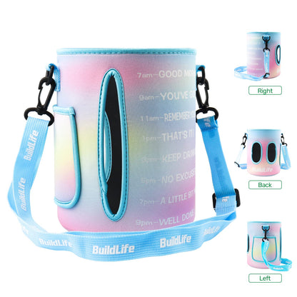 QuiFit 1 Gallon Water Bottle - with Straw & Motivational Time Marker Leak-Proof BPA Free Reusable Gym Sports Outdoor Large(128OZ) Capacity Water Jug(Purple/Green with Sleeve,1 Gallon)