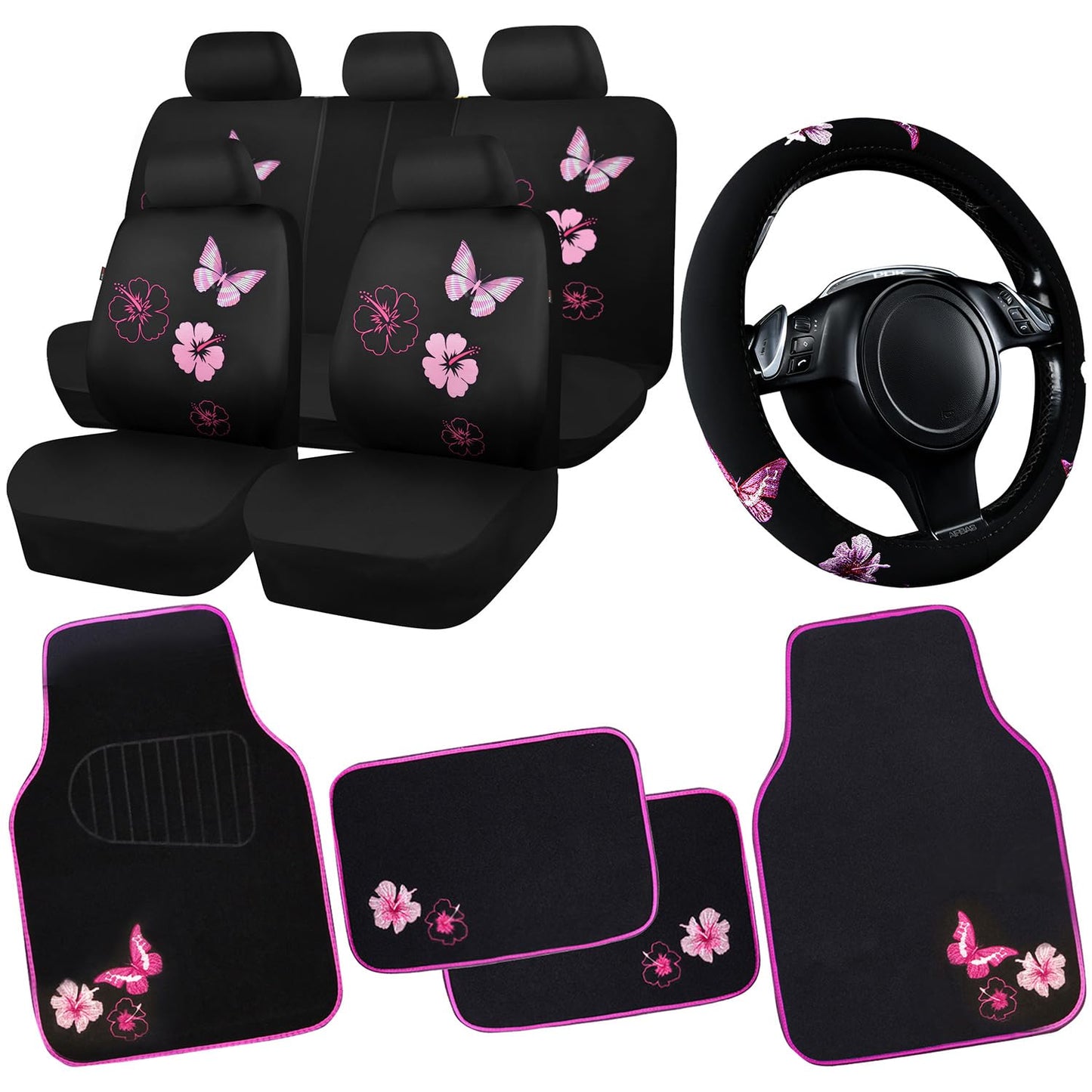 CAR PASS Universal Cloth Butterfly Car Seat Covers Full Set, Embroidered Flower Waterproof Car Floor Mats Carpet, Butterflies Steering Wheel Cover for Car Accessories Interior Sets (Black and Pink)