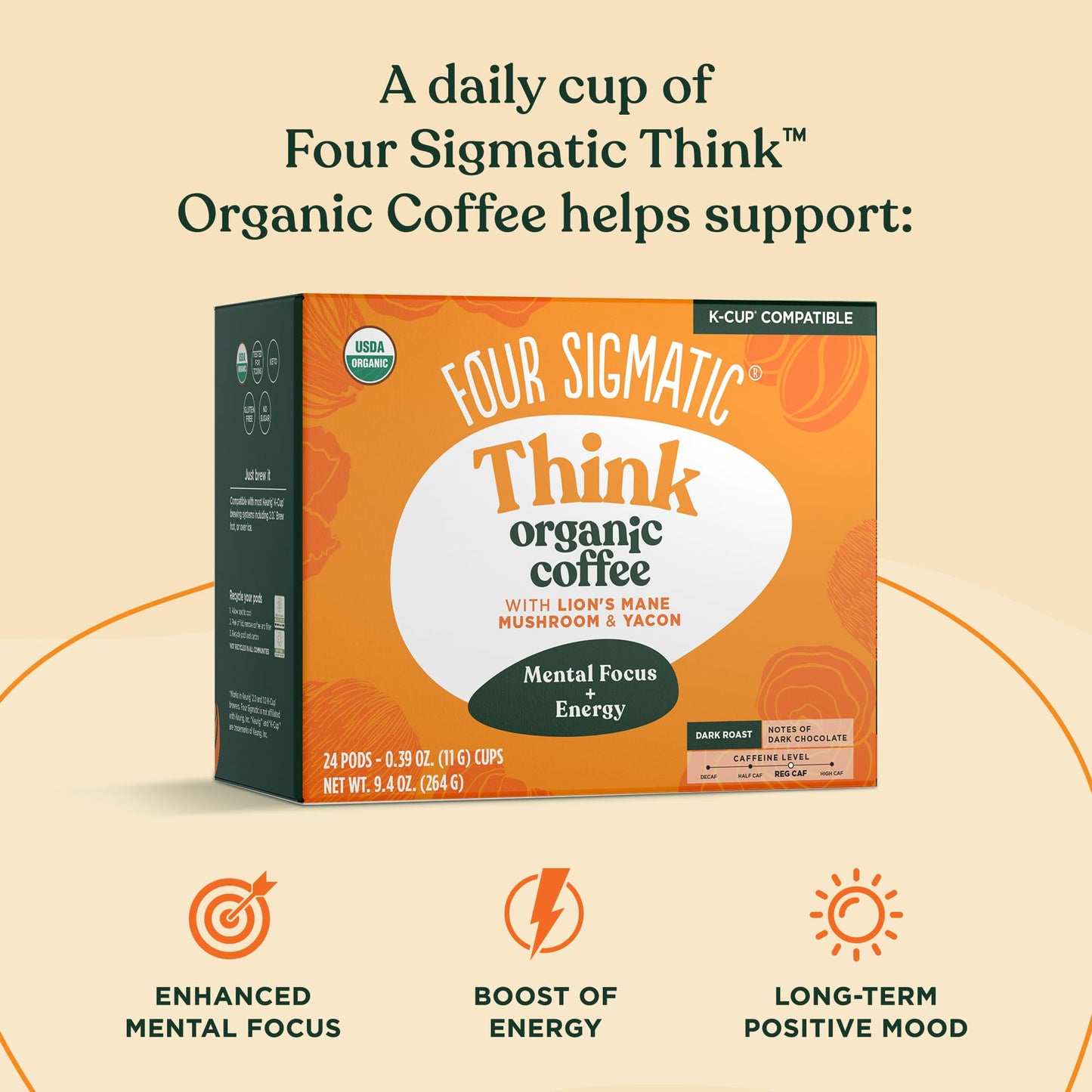Four Sigmatic Mushroom Coffee K-Cups | Organic Dark Roast Coffee with Lion’s Mane Mushroom Powder & Yacon | Focus & Immune Support | Vegan & Keto | Sustainable Pods | 24 Count