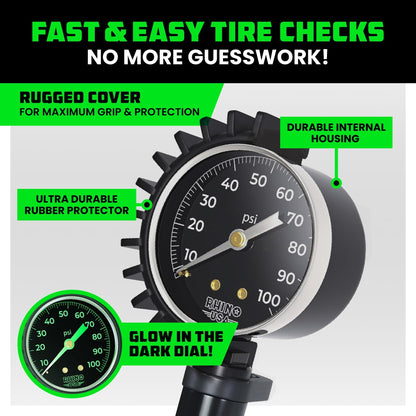 Rhino USA Tire Pressure Gauge with Inflator (0-100 PSI) - Heavy Duty Air Chuck and Compressor Accessories with Stainless Braided Hose, Large Analog Dial and Solid Brass Hardware for Truck and RV