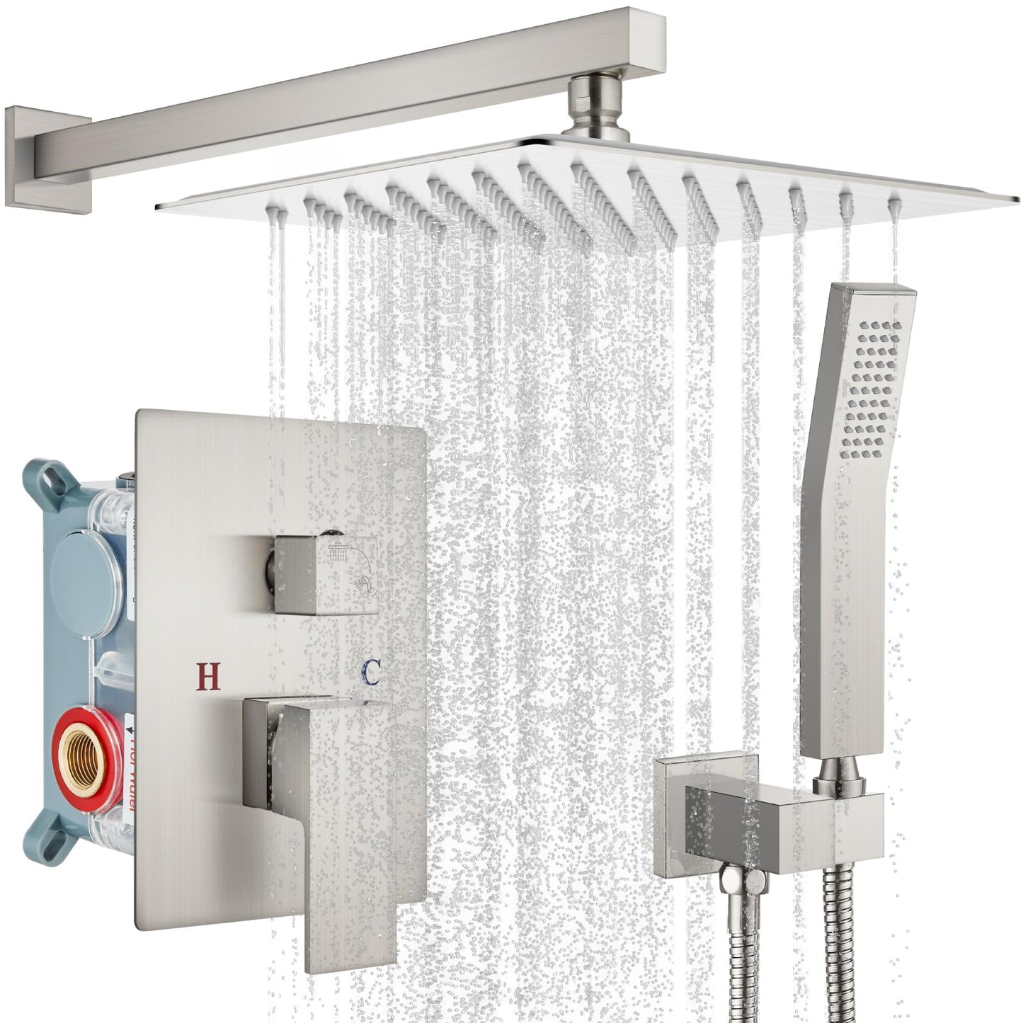 gotonovo Rainfall Bathroom Shower System Rain Shower Head and Handle Set Wall Mounted Shower Complete Combo Solid Brass Pressure Balancing Shower Mixer Valve 12 Inch Brushed Nickel