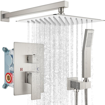 gotonovo Rainfall Bathroom Shower System Rain Shower Head and Handle Set Wall Mounted Shower Complete Combo Solid Brass Pressure Balancing Shower Mixer Valve 12 Inch Brushed Nickel