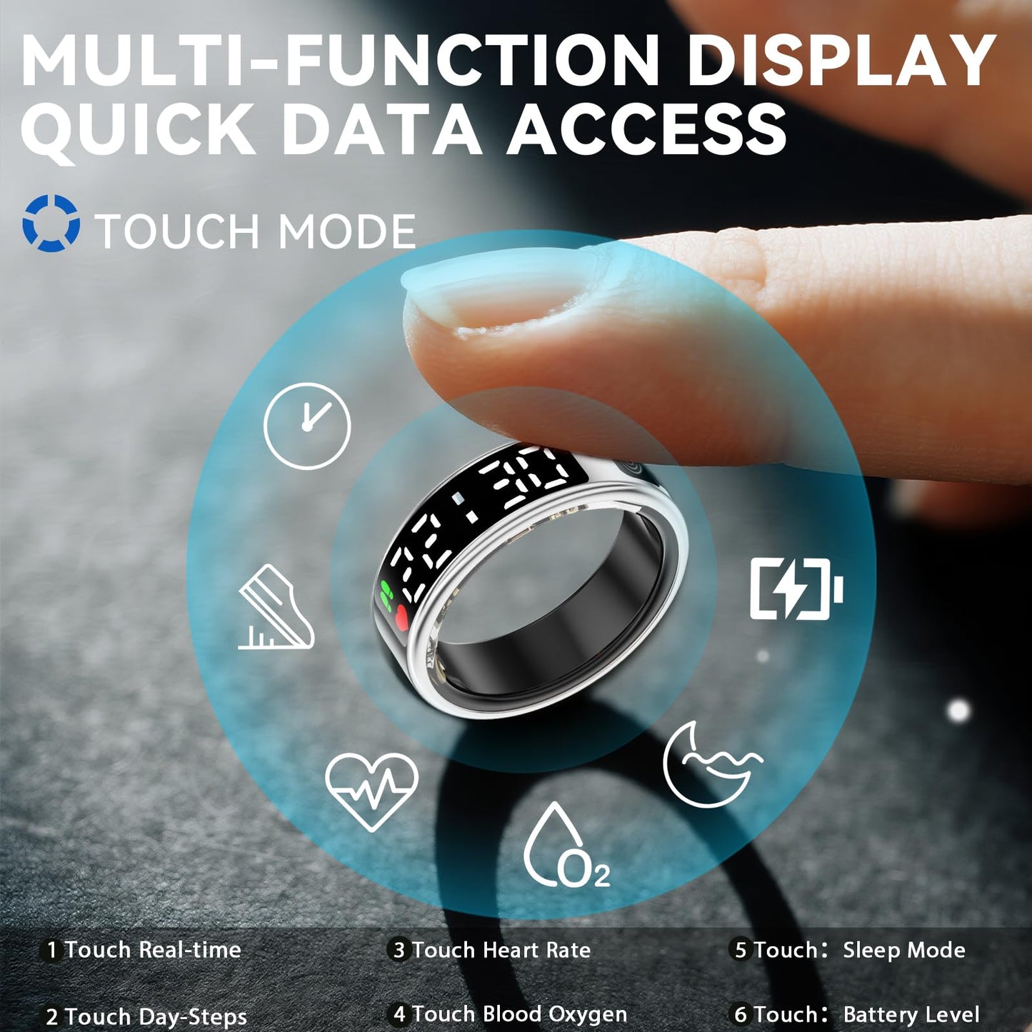 Smart Rings for Men Women,Fitness Tracker Ring,Smart Ring whth Display and Touch Button,IP68waterproof,Health Ring Tracks Heart Rate/Sleep/Steps/Blood Oxygen/Calorie/Distance,No Subscription(Silver13)