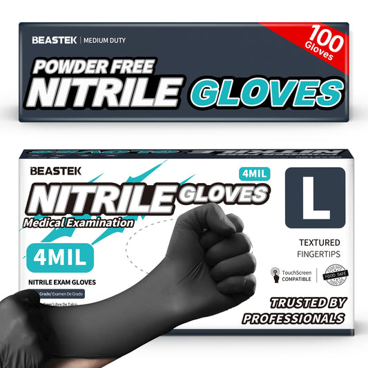 Beastek Black Nitrile Exam Gloves, 4.0 Mil, 100 Pcs Disposable Gloves Powder-Free Latex-Free for Medical, Cooking, Food-Safe (Large)