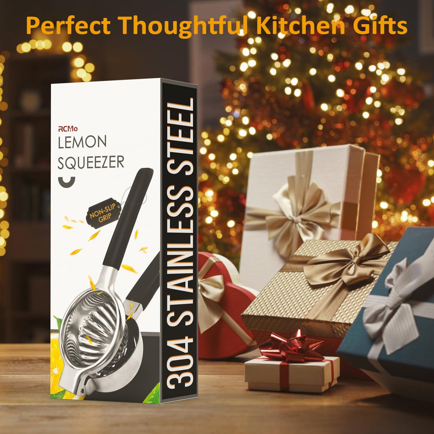 RCMo Stainless Steel Lemon Squeezer - Metal Citrus Juicer - Lime Lemon and Fruit Juicer with Silicone Handles - Large Manual Citrus Press Juicer - Hand Held Squeezer - Ergonomic Design with Solid