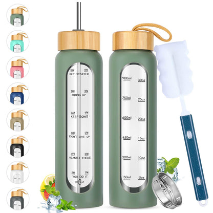 SipZest 32 oz Glass Water Bottles with Straw - Motivational Bottle with Time Marker & Silicone Sleeve - Reusable Tumbler Includes 2 Bamboo Lids & Fruit Infuser - 1 Pack