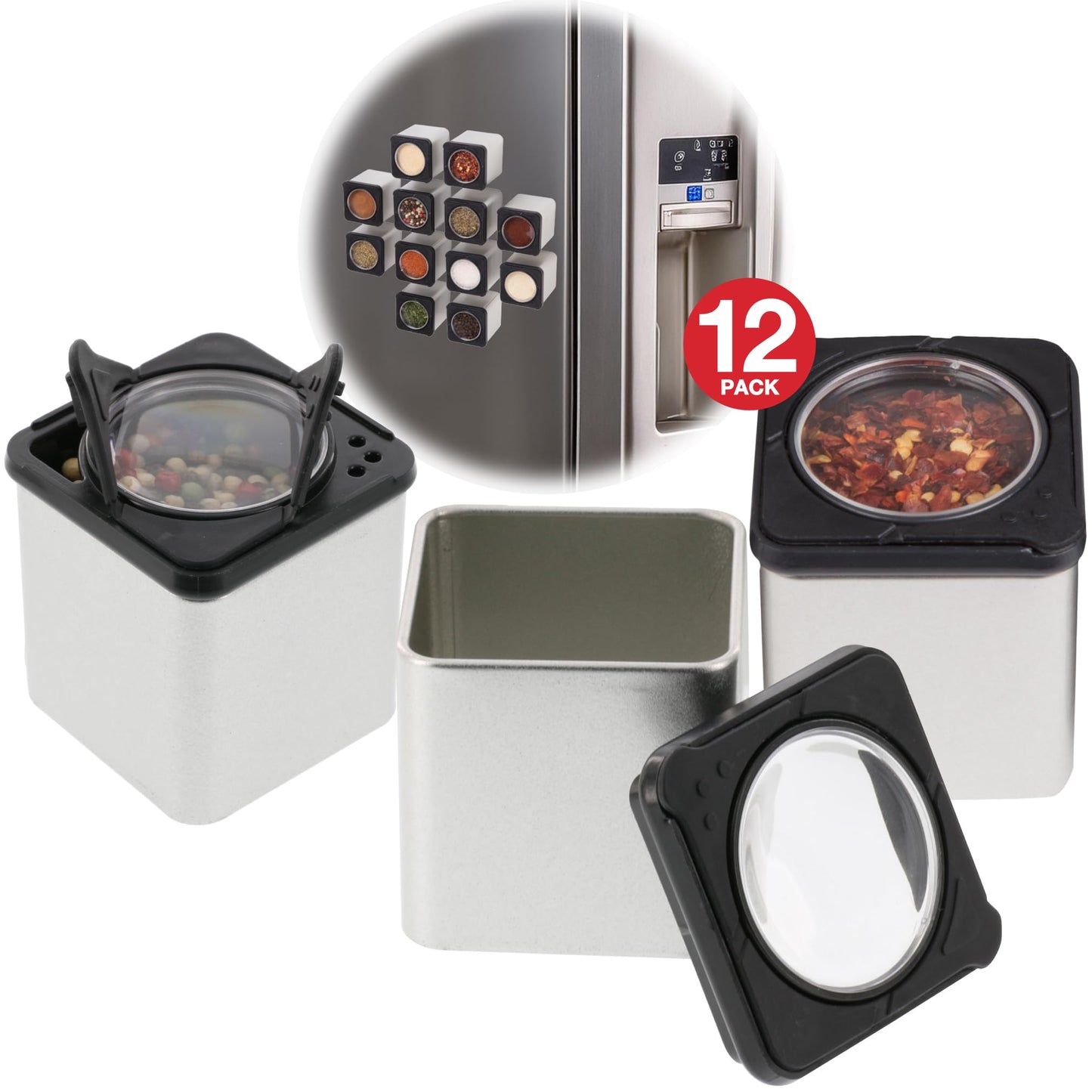 Set of 12 Magnetic Spice Jars, Shake or Pour Containers - Attaches to Most Refrigerator Doors & Appliances, Seasoning Dispensers- Easy Open Window Top Shakers Metal- Space Saving Kitchen Essential