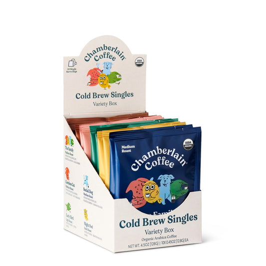 Chamberlain Coffee Variety Box Single Serve Bags - Includes 5 Blends, Original Family, Early Bird, Night Owl, Careless Cat and Social Dog Blends - 10 Single Serve Cold Brew Sachets