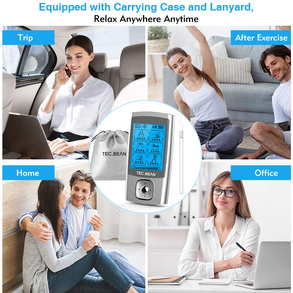 TEC.BEAN 24 Modes Tens Unit Muscle Stimulator, Rechargeable Tens Machine with 8 Electrode Pads (American Gel), Electric Pulse Massager for Pain Relief Therapy(Silver)