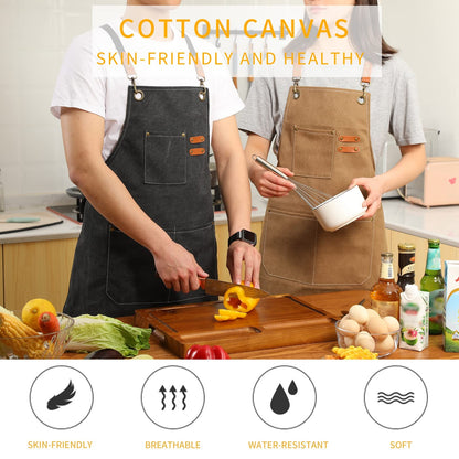 Tosewever Canvas Cross Back Chef Apron for Men Women with Adjustable Straps Large Pockets, Waterdrop Kitchen Heavy Duty Cotton Aprons for Tool Cooking BBQ Artist, M to XXL (Black)