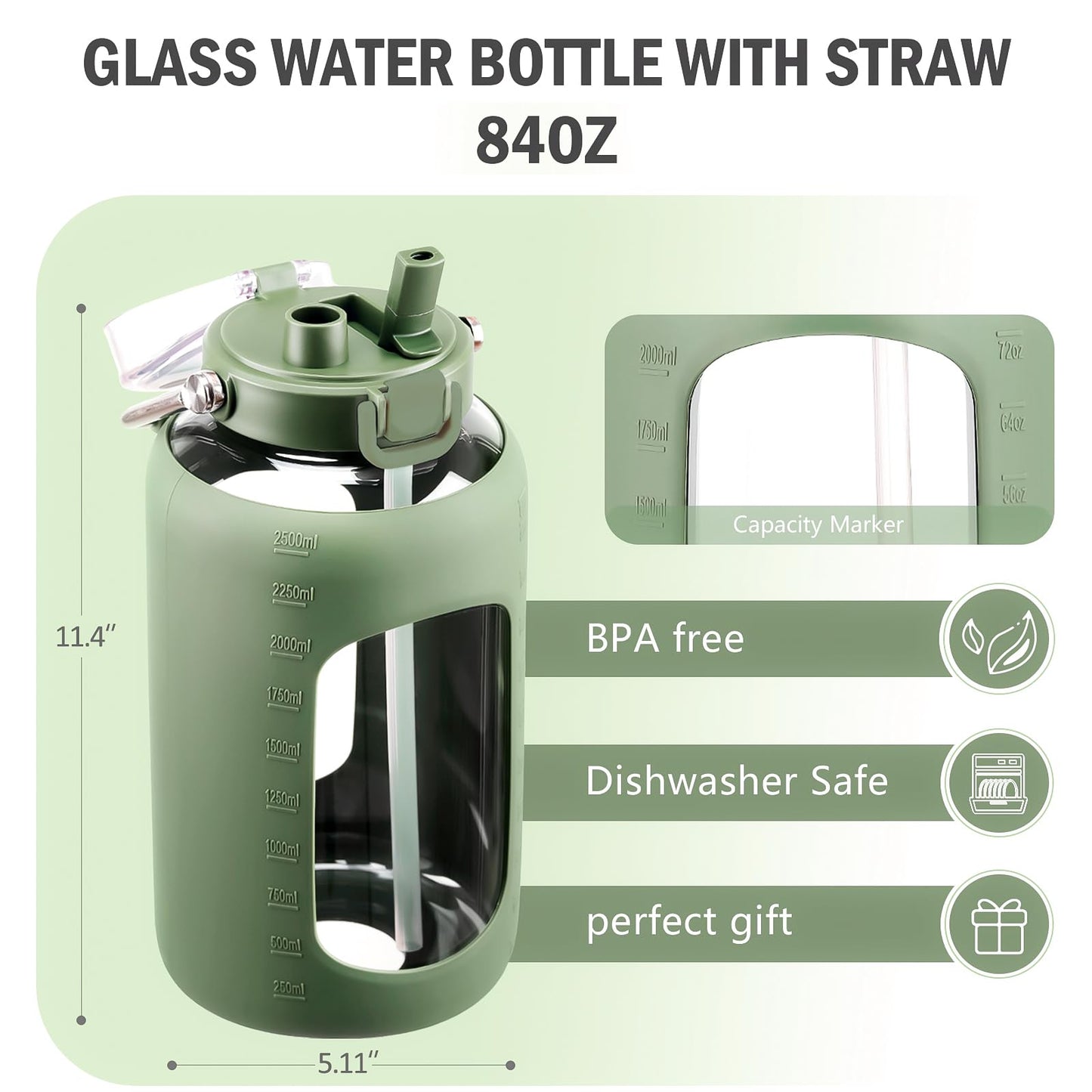 BLUEGO 84oz Water Bottle Glass with Stainless Steel Handle Large 2.5l Water Bottle with Time Markers and Silicone Sleeve Half Gallon Water Jug BPA Free for Gym Daily Use, Olive