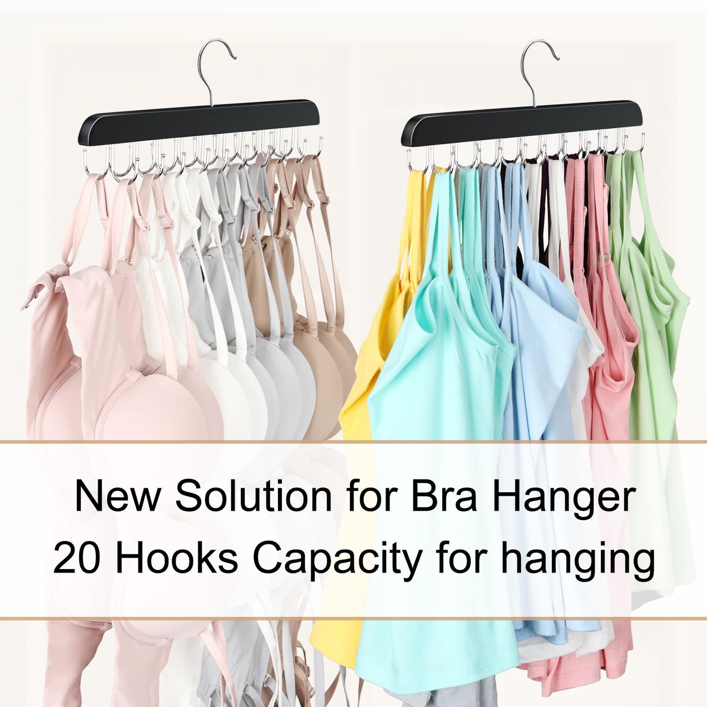 Bra Hanger for Closet, Tank Top Organizer 20 Hooks Capacity Foldable Wood Space Saving Hanger Closet Organizers and Storage for Dorm & Apartment for Tank Top, Hats, Scarf etc.