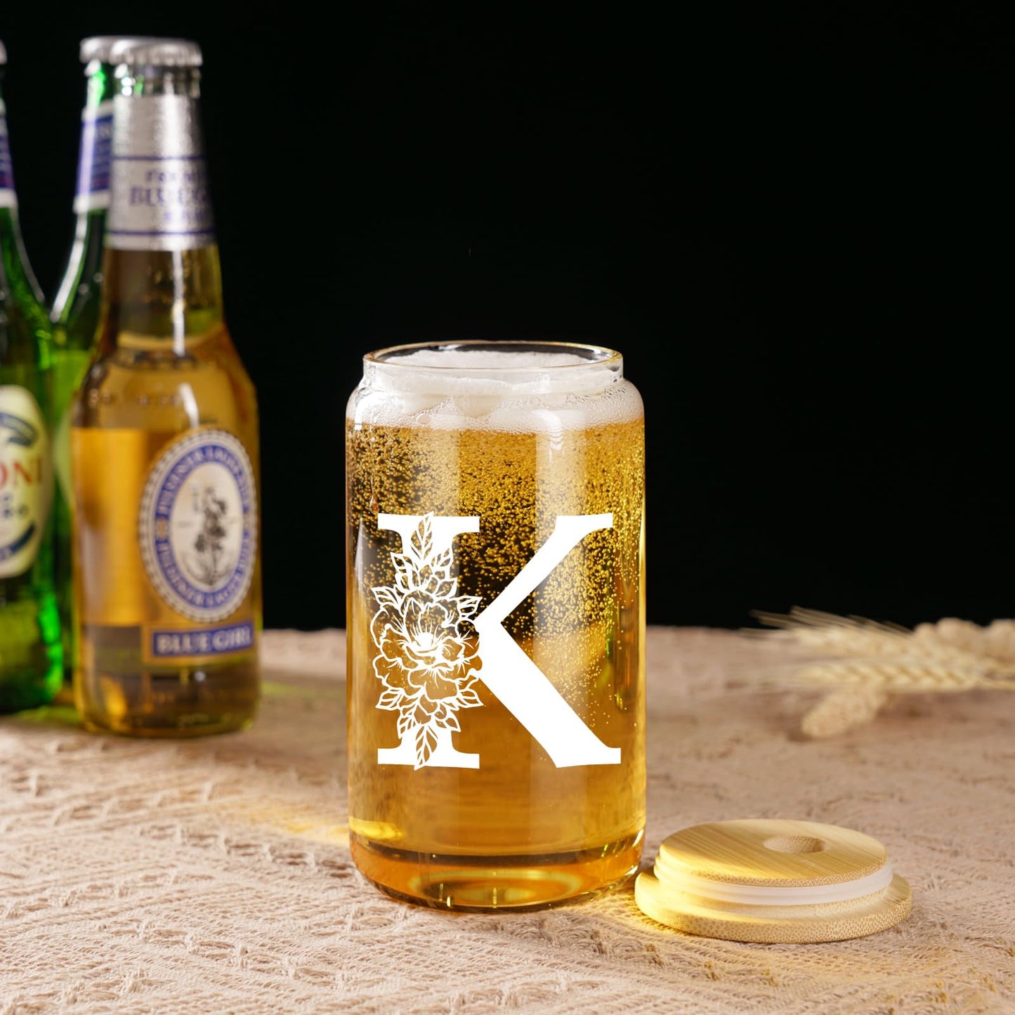 Coolife Initial Glass Cup, Monogrammed Gifts for Women, 16 oz Glass Cups w/Lids Straws, Iced Coffee Smoothie Beer Tumbler w/Straw Lid - Personalized Christmas, Birthday Gifts for Her Mom Friend Woman