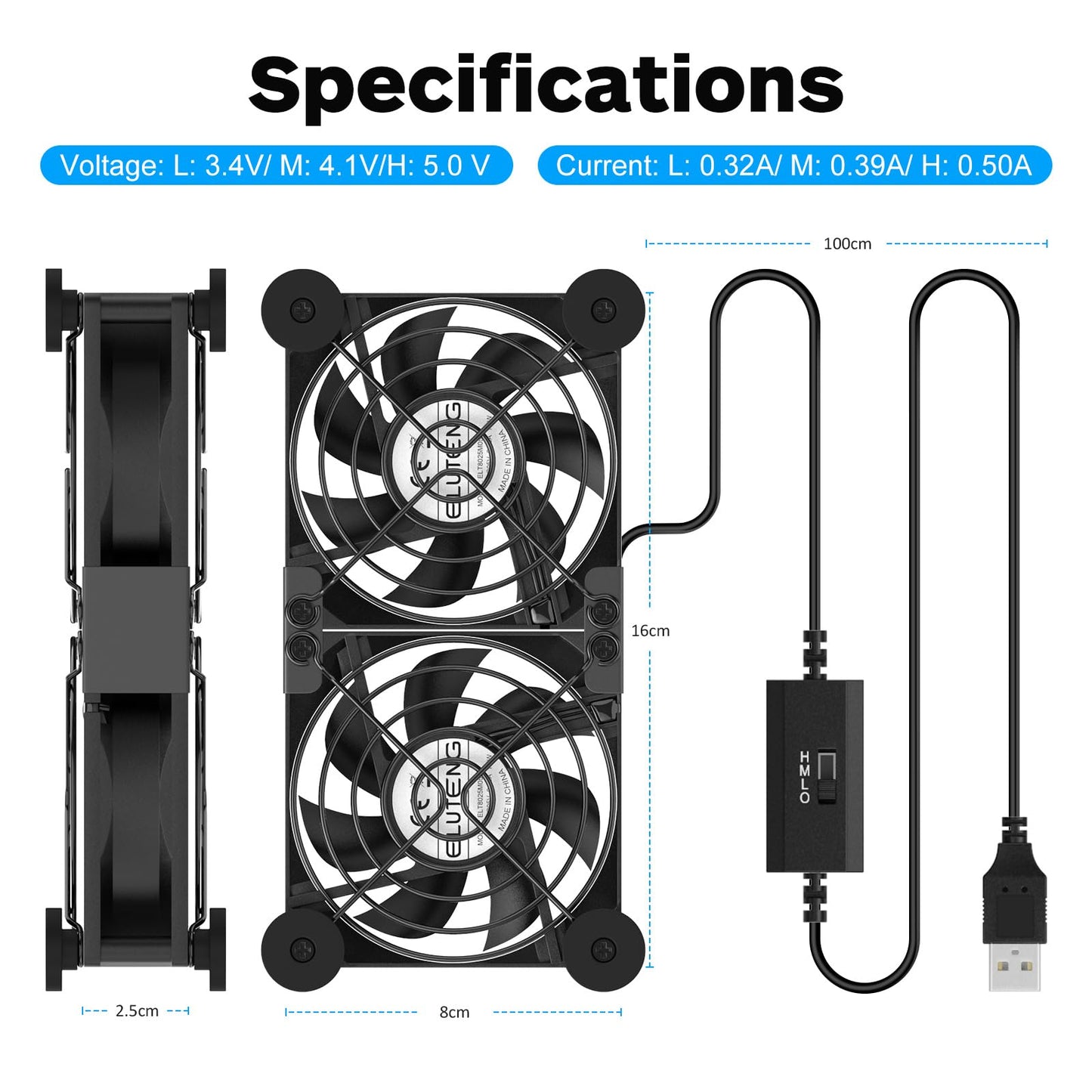 ELUTENG Dual Cooling Fan - Whisper Quiet 80mm USB With 3 Adjustable High Speed USB Port - Heatsink Compatible for PS4, PS5, Router, Laptop, PC, Xbox Cooling Electronics