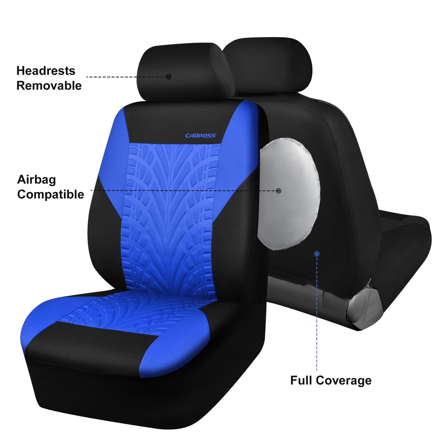 CAR PASS Car Seat Covers Full Sets, Front & Split Rear Bench for Car, 3D Tyre Embossed Automotive Interior Covers, Airbag Compatible, Quick Setup Universal Fit Seat Covers for Car, SUV(Black Blue)