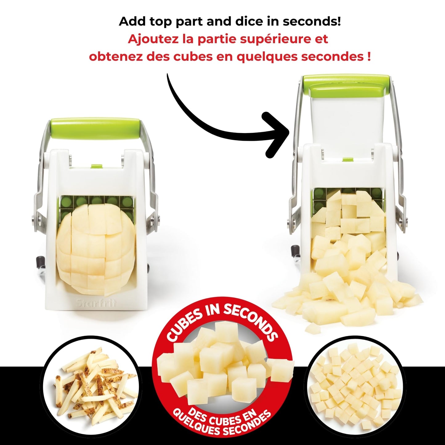 Starfrit Pro Fry Cutter & Cuber - 3-in-1 - Homemade French Fries, Slices and Diced Cubes Potato & Vegetable