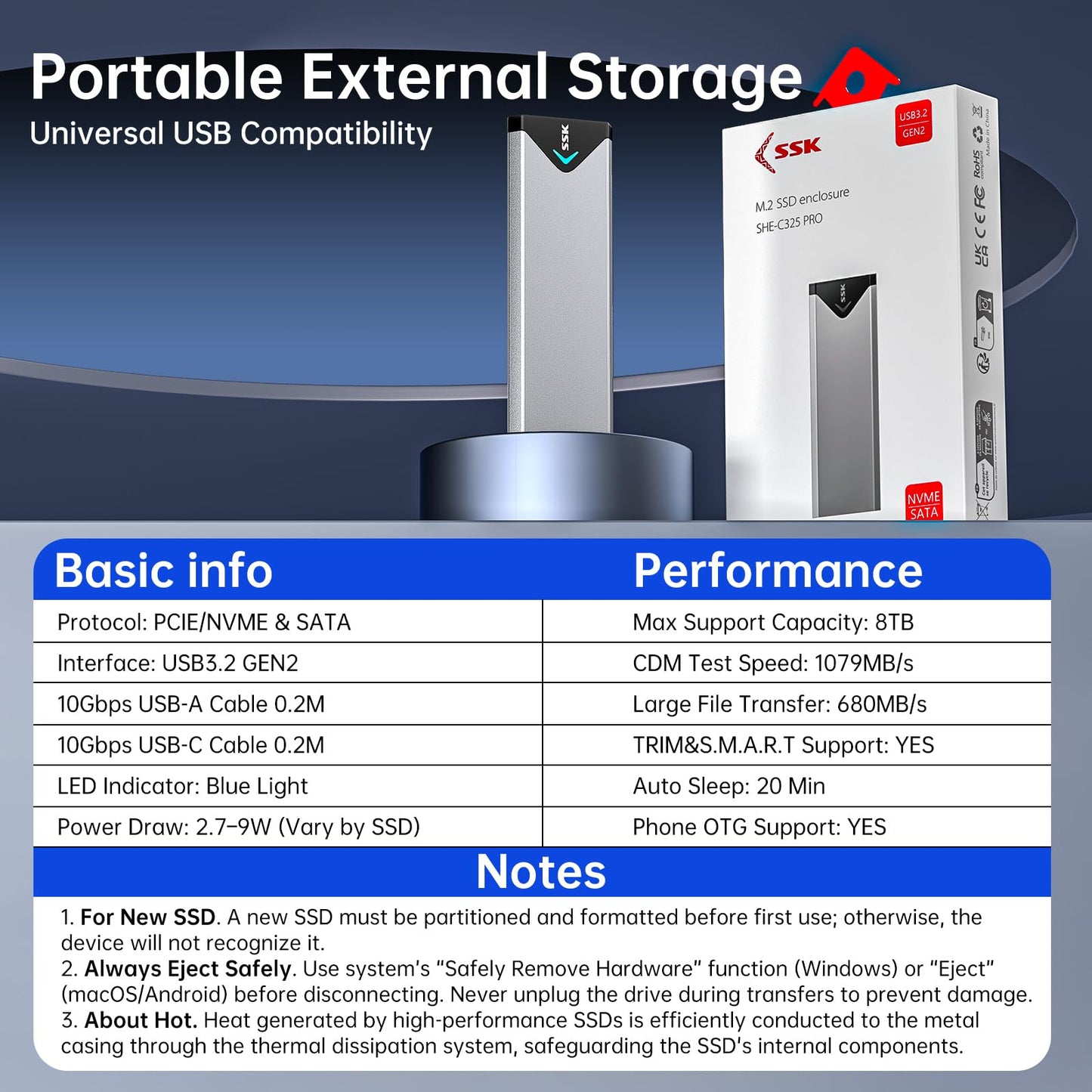 SSK M.2 NVME SATA SSD Enclosure Adapter, USB 3.2 Gen 2 (10 Gbps) to NVME PCI-E SATA M-Key/(B+M) Key Solid State Drive External Enclosure Aluminum Support UASP Trim for SSDs 2242/2260/2280