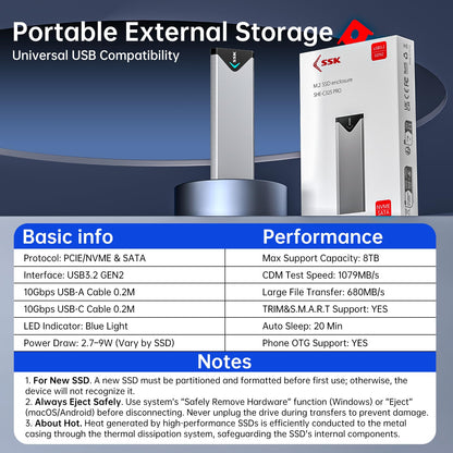 SSK M.2 NVME SATA SSD Enclosure Adapter, USB 3.2 Gen 2 (10 Gbps) to NVME PCI-E SATA M-Key/(B+M) Key Solid State Drive External Enclosure Aluminum Support UASP Trim for SSDs 2242/2260/2280
