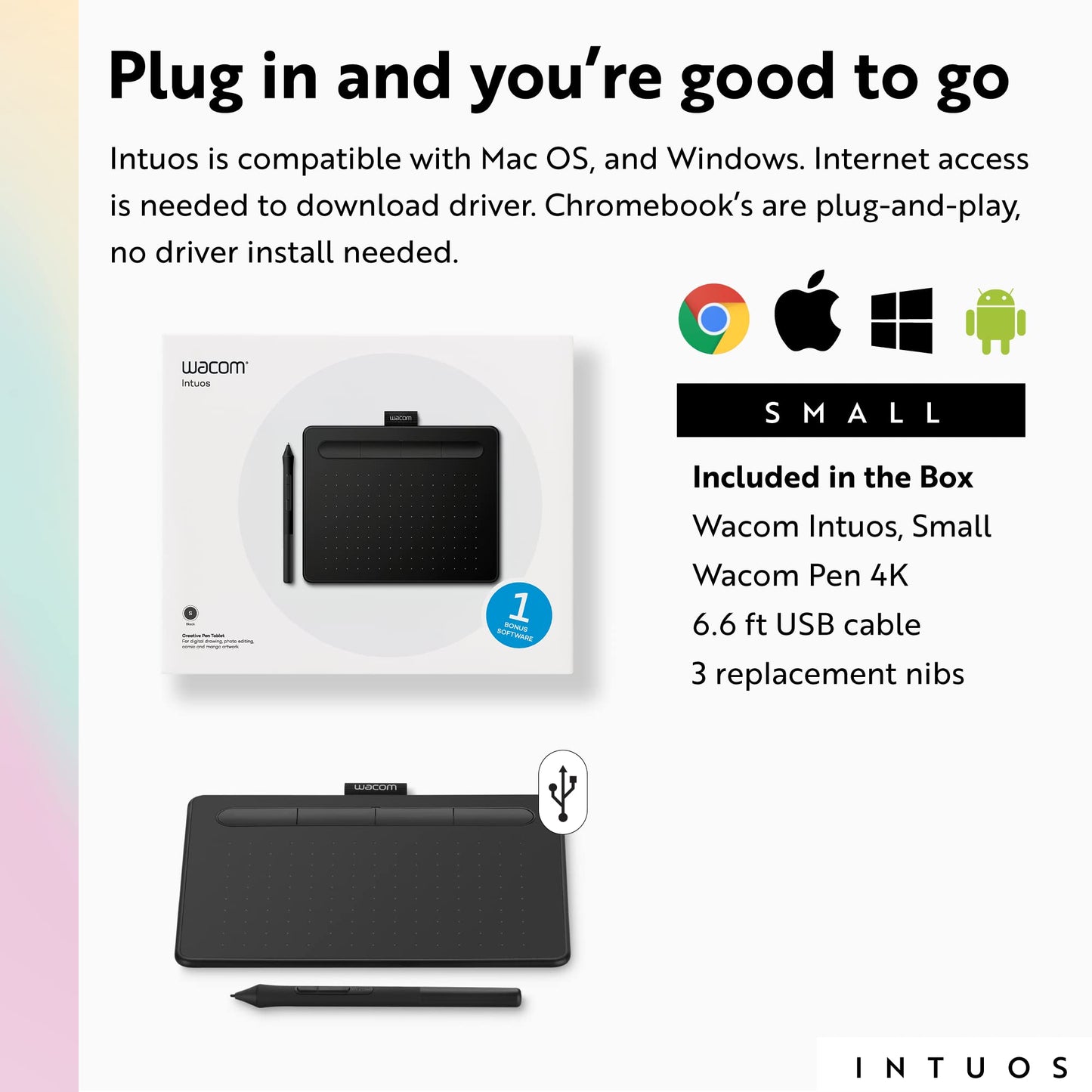 Wacom Intuos Small Graphics Drawing Tablet, includes Training & Software; 4 Customizable ExpressKeys Compatible With Chromebook Mac Android & Windows, photo/video editing, design & education,Black