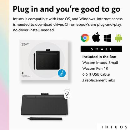Wacom Intuos Small Graphics Drawing Tablet, includes Training & Software; 4 Customizable ExpressKeys Compatible With Chromebook Mac Android & Windows, photo/video editing, design & education,Black
