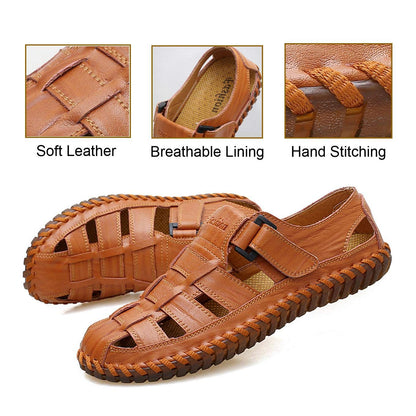 Qiucdzi Mens Sport Sandals Breathable Outdoor Fisherman Shoes Adjustable Closed Toe Summer Leather Loafters,Dark Brown
